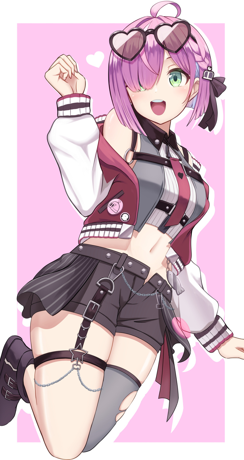 absurdres, blush, bob_cut, braid, eyewear_on_head, green_eyes, grey_thighhighs, hair_over_one_eye, hakuou0714, harness, heart, heart-shaped_eyewear, highres, himemori_luna, himemori_luna_(5th_costume), hololive, jacket, letterman_jacket, midriff, multicolored_hair, navel, necktie, o-ring, o-ring_harness, off_shoulder, official_alternate_costume, official_alternate_hairstyle, open_clothes, open_jacket, open_mouth, open_shorts, pink_background, pink_hair, red_necktie, short_hair, shorts, simple_background, single_thighhigh, skindentation, sunglasses, thigh-highs, two-tone_hair, virtual_youtuber