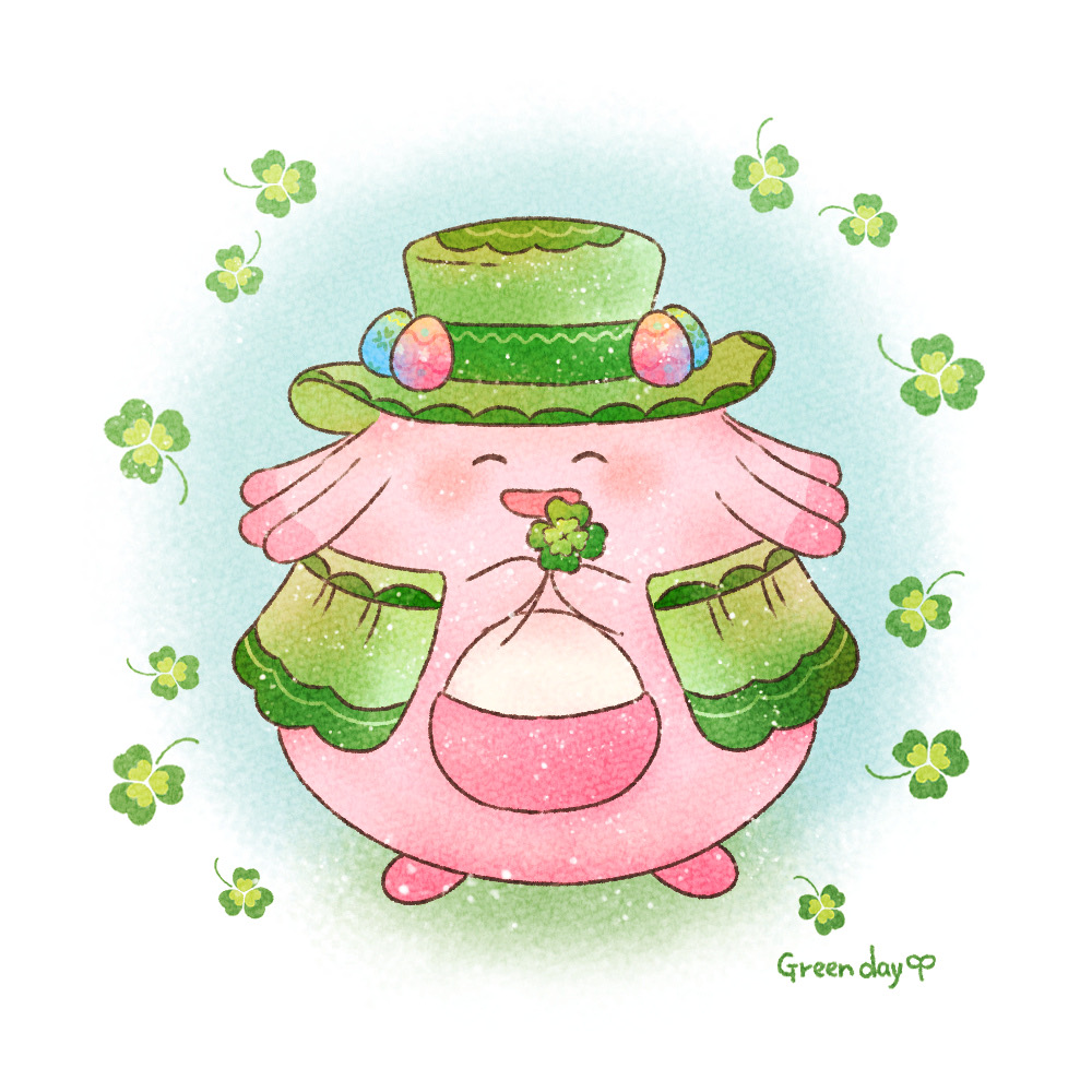 chansey, closed_eyes, clover, easter_egg, egg, english_text, facing_viewer, green_headwear