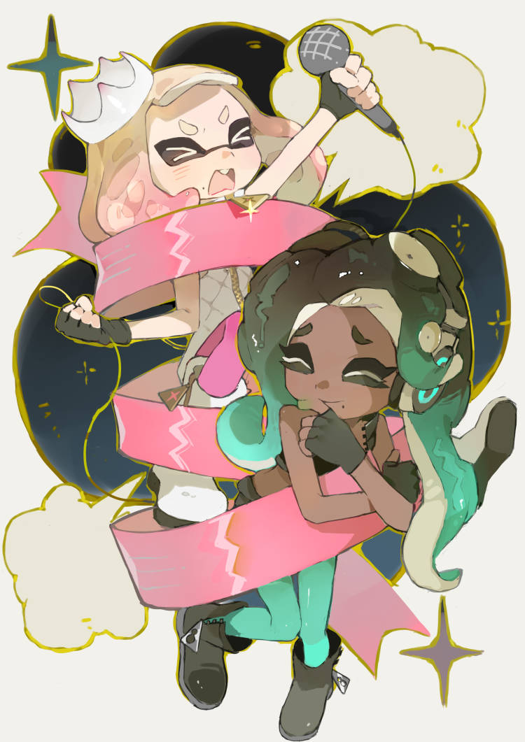 >_<, 2boys, ^_^, aqua_hair, aqua_pantyhose, arm_up, black_footwear, black_gloves, black_hair, black_vest, blonde_hair, blush, boots, clenched_hand, closed_eyes, closed_mouth, commentary_request, crop_top, cropped_vest, crown, dark-skinned_female, dark_skin, dress, fangs, fingerless_gloves, full_body, gloves, gradient_hair, hand_up, headphones, holding, holding_microphone, long_hair, marina_(splatoon), microphone, microphone_cord, mole, mole_under_mouth, multicolored_hair, multiple_boys, open_mouth, p-pepper, pantyhose, pearl_(splatoon), pink_hair, pink_ribbon, raised_eyebrows, ribbon, short_eyebrows, short_hair, sidelocks, simple_background, sleeveless, sleeveless_dress, sparkle, splatoon_(series), suction_cups, teeth, tentacle_hair, tilted_headwear, v-shaped_eyebrows, vest, white_background, white_dress, zipper, zipper_footwear, zipper_pull_tab