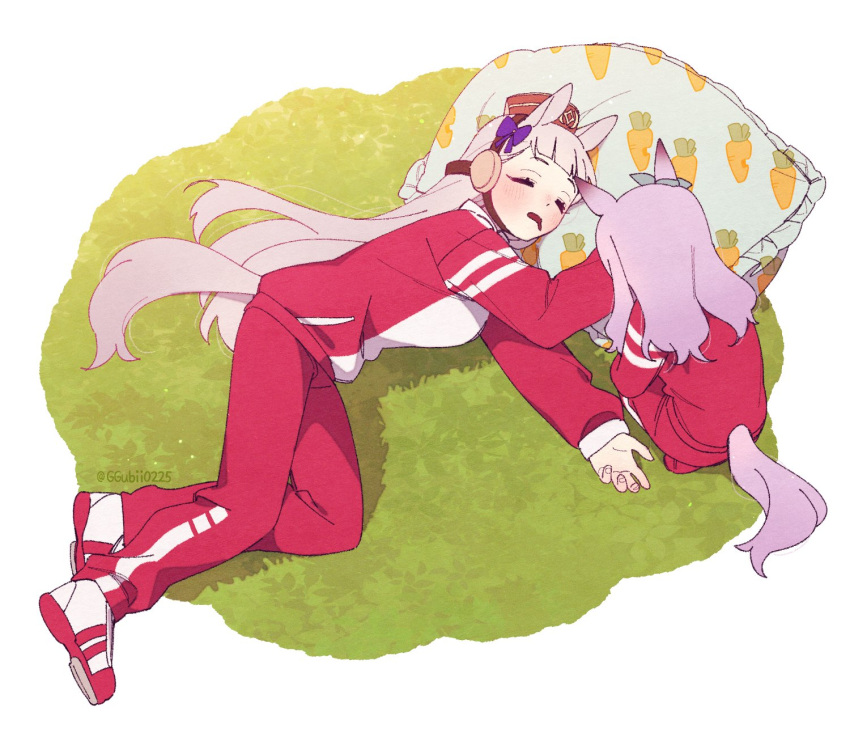 2girls, animal_ears, brown_headwear, commentary_request, ear_ribbon, ggubii0225, gold_ship_(umamusume), grey_hair, gym_uniform, highres, horse_ears, horse_girl, horse_tail, horseshoe_ornament, jacket, korean_commentary, long_hair, lying, mejiro_mcqueen_(umamusume), multiple_girls, on_side, pants, pillbox_hat, pillow, red_jacket, red_pants, red_track_suit, sleeping, tail, tracen_training_uniform, track_jacket, track_pants, twitter_username, umamusume, umamusume_(anime), yogibo