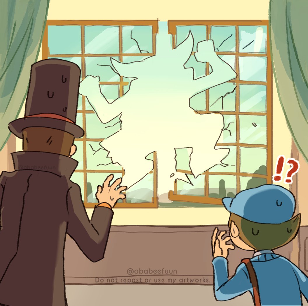 !?, 2boys, abarenbou_bifun, autodefenestration, blue_headwear, blue_sweater, broken_window, brown_hair