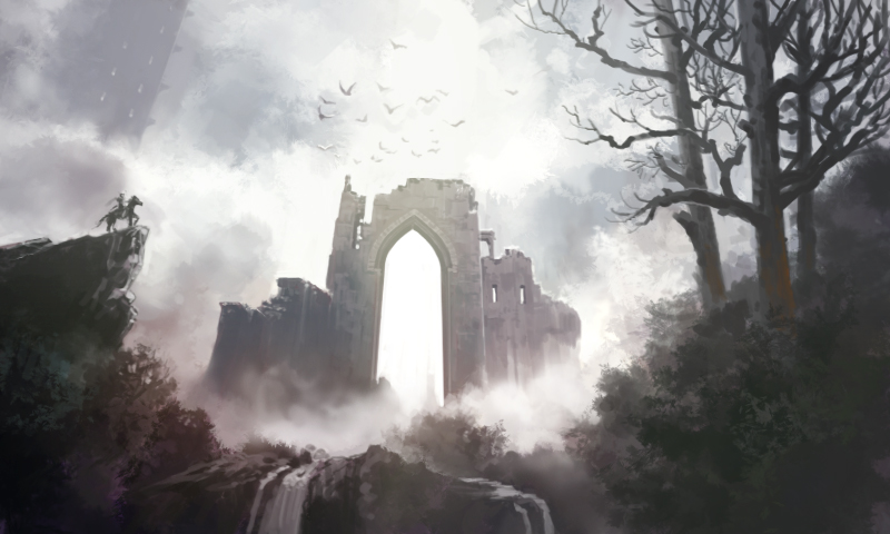 bird, building, castle, fantasy, fog, forest, horse, kamoi_kouji, landscape, nature, original, rock, ruins, scenery, sky, tree, water, waterfall