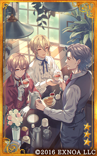 3boys, ascot, black_pants, black_vest, blonde_hair, blue_ribbon, box, brooch