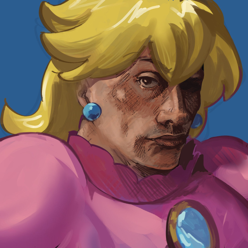 1boy, blonde_hair, blue_background, brooch, closed_mouth, commentary, cosplay, crossdressing