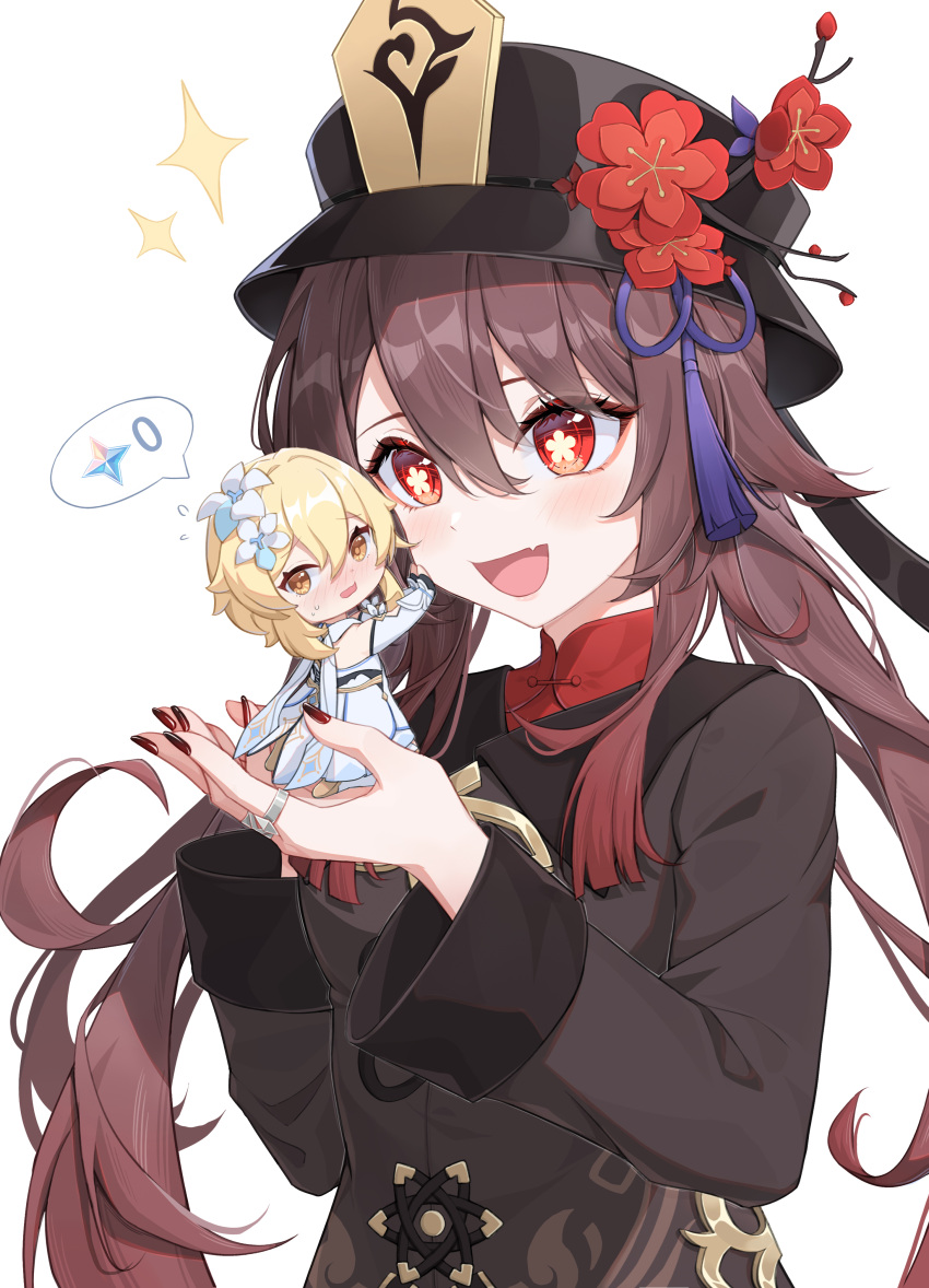 2girls, :d, absurdres, black_coat, black_headwear, black_nails, blonde_hair, blush