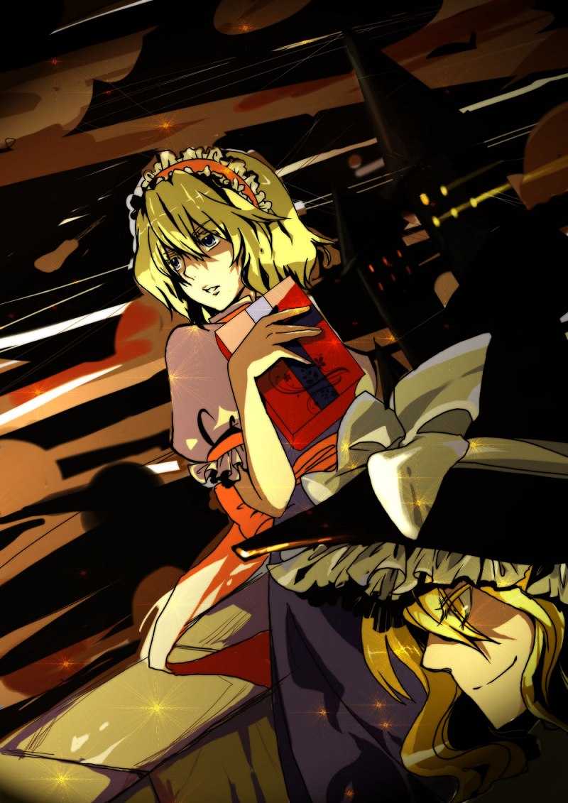 alice_margatroid, bad_id, blonde_hair, hat, kirisame_marisa, multiple_girls, night, night_sky