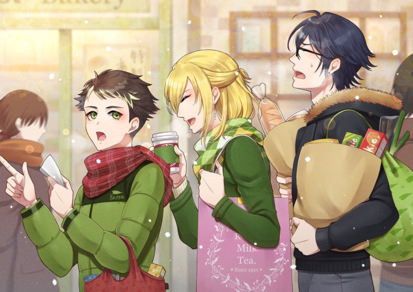 3boys, :d, ^_^, argyle, argyle_scarf, bag, baguette, black-framed_eyewear, black_hair, black_jacket, blonde_hair, blue_hair, bread, breath, building, bungou_to_alchemist, cardigan, closed_eyes, cup, dangle_earrings, dark_blue_hair, disposable_cup, down_jacket, earrings, exhausted, food, from_side, fur-trimmed_jacket, fur_trim, glasses, green_cardigan, green_eyes, green_hair, green_jacket, green_scarf, grey_pants, groceries, grocery_bag, hair_between_eyes, half_updo, holding, holding_bag, holding_cup, holding_paper, hood, hood_down, hooded_jacket, jacket, jewelry, kajii_motojirou_(bungou_to_alchemist), light_blush, long_sleeves, looking_at_another, looking_back, male_focus, medium_hair, miyoshi_tatsuji_(bungou_to_alchemist), multicolored_hair, multiple_boys, open_mouth, outdoors, pants, paper, paper_bag, people, plaid, plaid_scarf, pointing, profile, red_scarf, sakaguchi_ango_(bungou_to_alchemist), scarf, shop, shopping_bag, short_bangs, short_hair, smile, snowing, spring_onion, streaked_hair, stud_earrings, sweatdrop, sweater, swept_bangs, tukisaya, upper_body, very_short_hair, walking, white_sweater