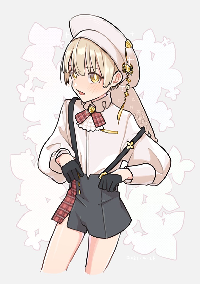 1boy, ascot, black_gloves, black_shorts, blonde_hair, collar, floral_background, gloves