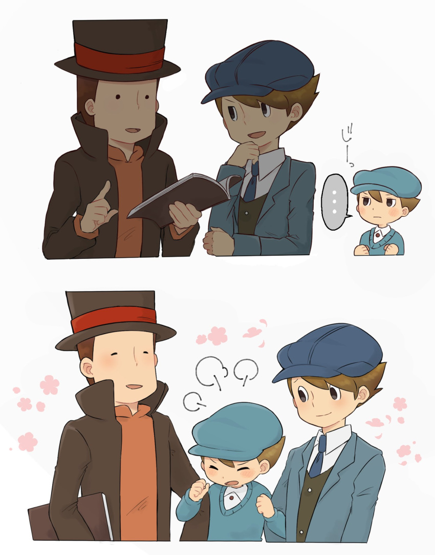 ..., 3boys, =3, black_eyes, blue_headwear, blue_jacket, blue_necktie, blue_sweater, blush, book, brown_hair, brown_headwear, brown_jacket, cabbie_hat, closed_eyes, collared_shirt, commentary_request, cropped_torso, flower, future_luke, hands_up, hat, hershel_layton, high_collar, highres, holding, holding_book, jacket, jealous, kiwami_(kiwamimuneko), locked_arms, long_sleeves, looking_at_another, luke_triton, male_focus, multiple_boys, multiple_views, necktie, open_book, open_clothes, open_jacket, open_mouth, orange_sweater, pink_flower, professor_layton, professor_layton_and_the_unwound_future, shirt, short_hair, smile, spoken_ellipsis, sweater, top_hat, white_shirt