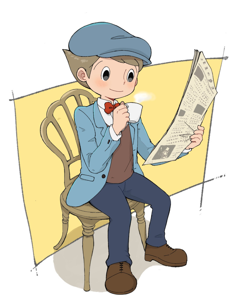 1boy, black_eyes, blue_headwear, blue_jacket, blue_pants, bow, bowtie, brown_footwear