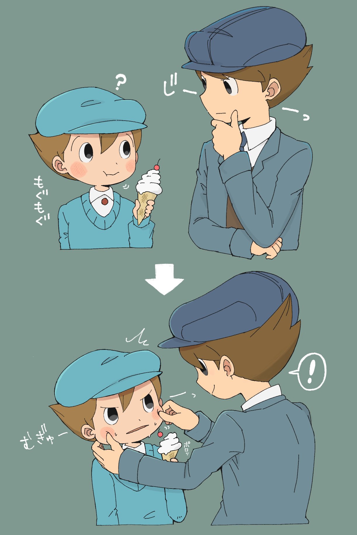 !, 2boys, ?, annoyed, arrow_(symbol), black_eyes, blue_headwear, blue_jacket