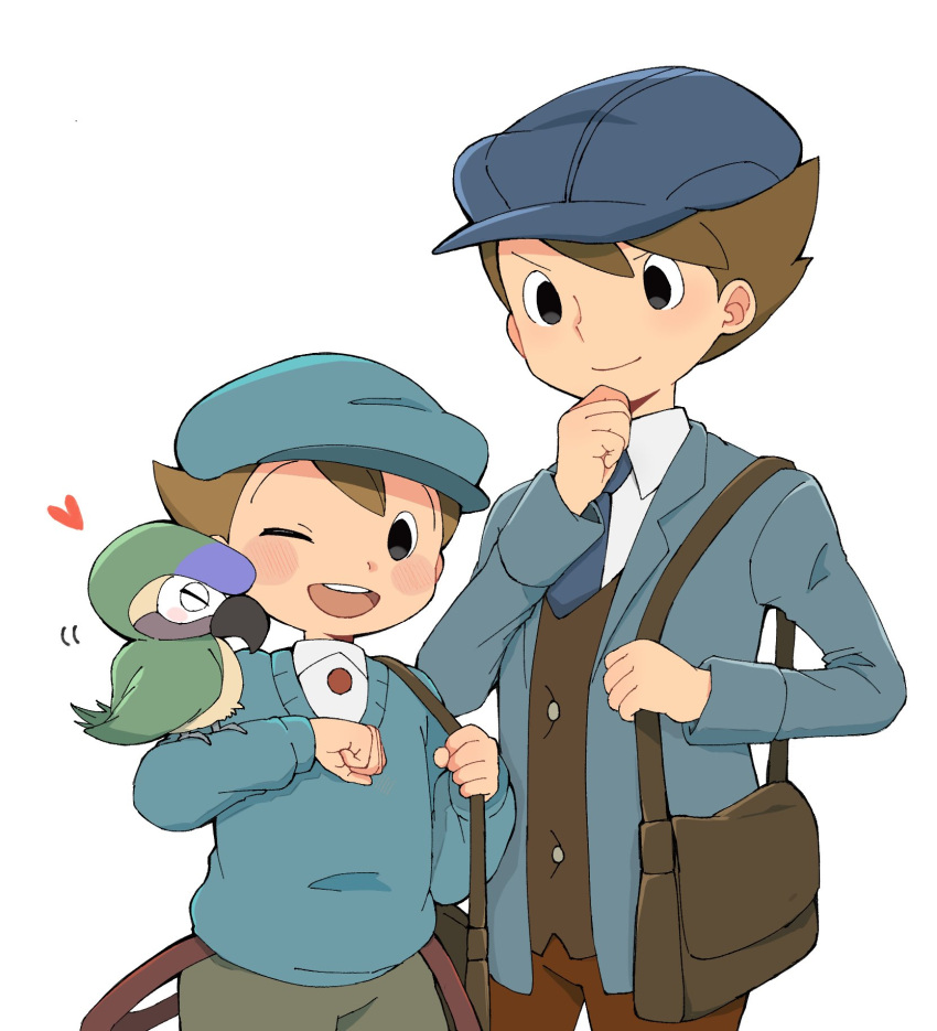 2boys, :d, animal_on_shoulder, bag, bird, bird_on_shoulder, black_eyes, blue_headwear