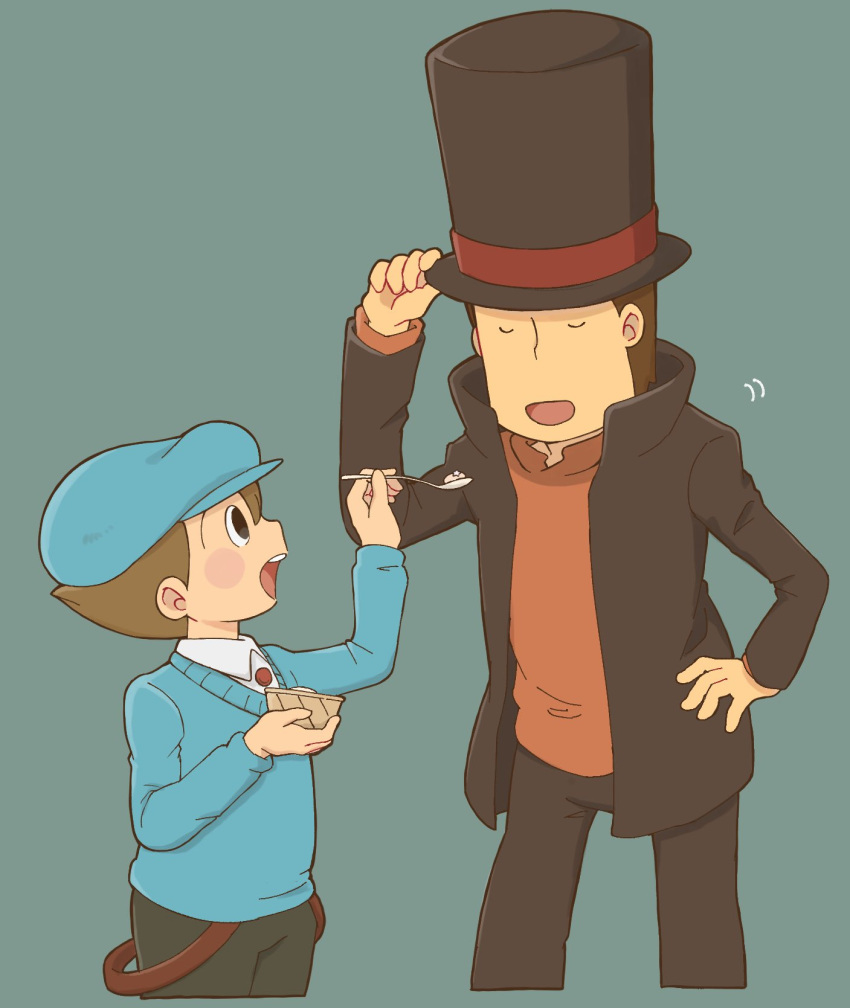 2boys, black_eyes, blue_background, blue_headwear, blue_sweater, blush, brown_hair, brown_headwear