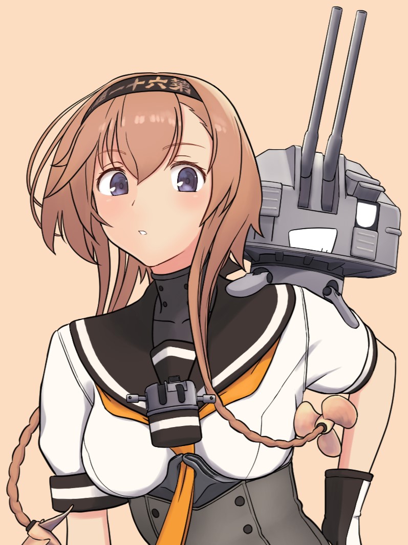 1girl, black_gloves, black_sailor_collar, braid, chou-10cm-hou-chan_(teruzuki's), commentary_request, corset, creature, creature_on_shoulder, cropped_torso, gloves, grey_eyes, hair_ornament, kantai_collection, light_brown_hair, long_hair, looking_at_viewer, mutagimi, neckerchief, on_shoulder, propeller_hair_ornament, sailor_collar, teruzuki_(kancolle), translation_request, twin_braids, upper_body, yellow_neckerchief