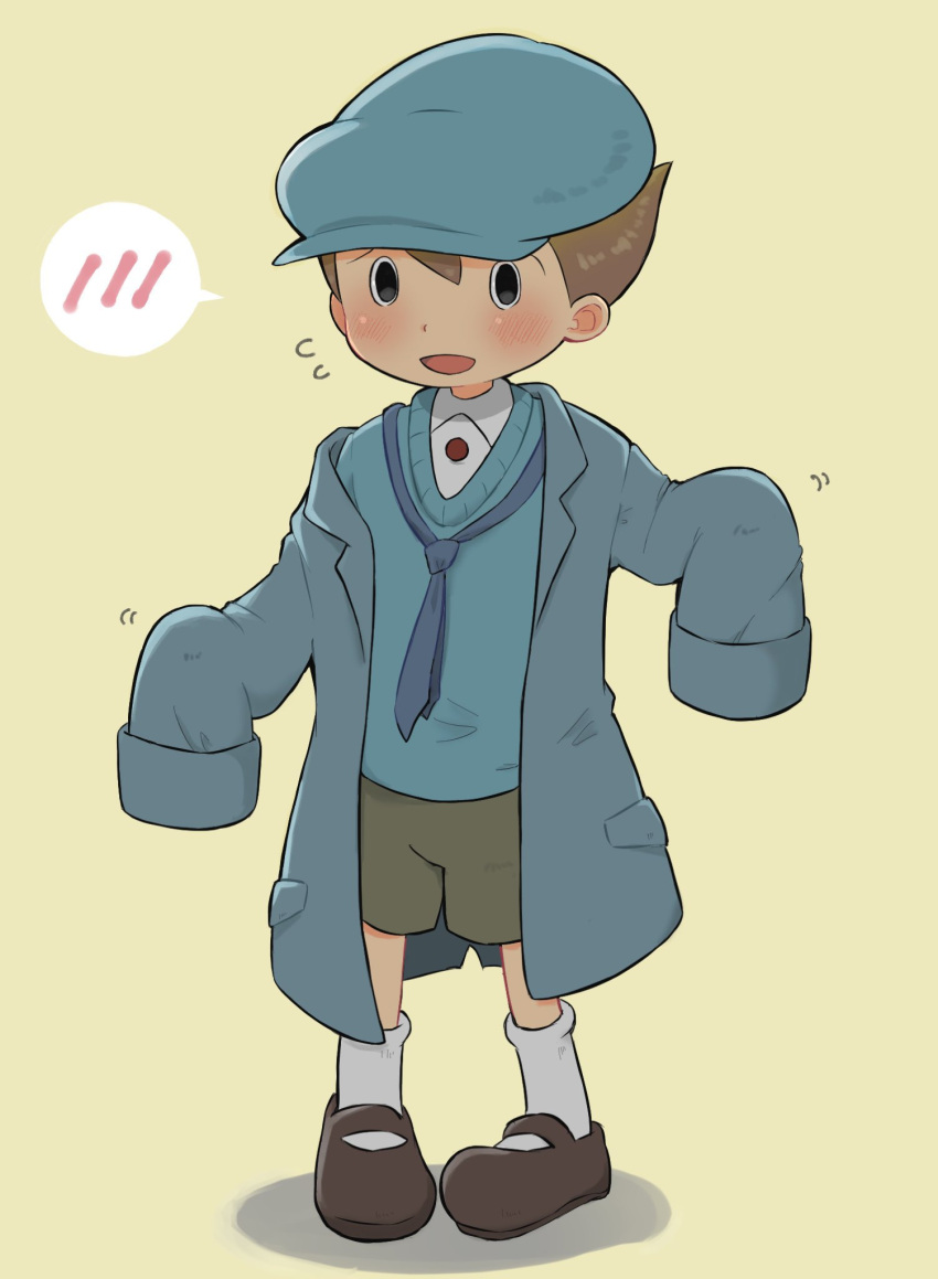 1boy, :d, black_eyes, blue_headwear, blue_jacket, blue_necktie, blue_sweater, blush