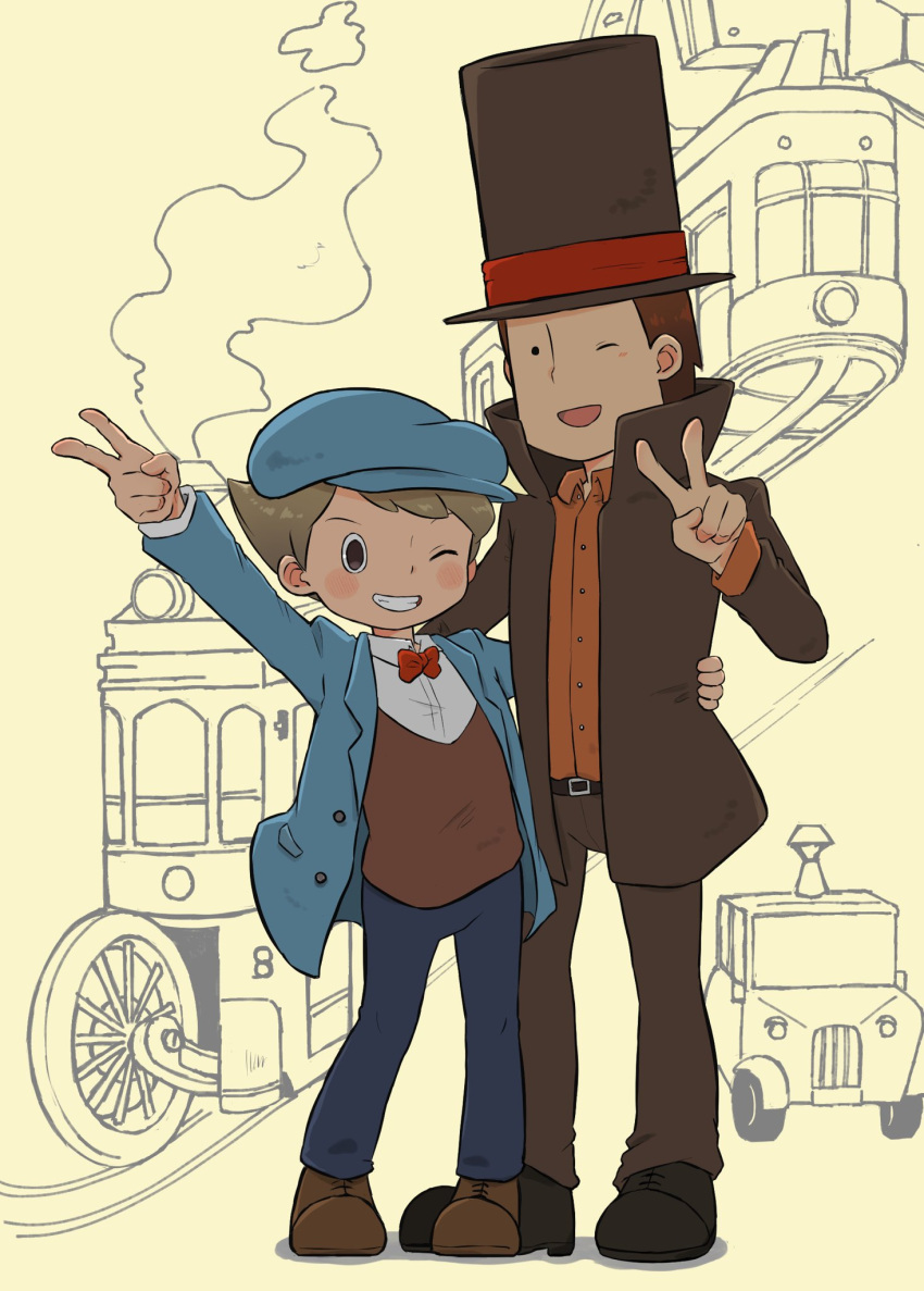 2boys, arm_up, belt, black_eyes, blue_headwear, blue_jacket, blush, bow