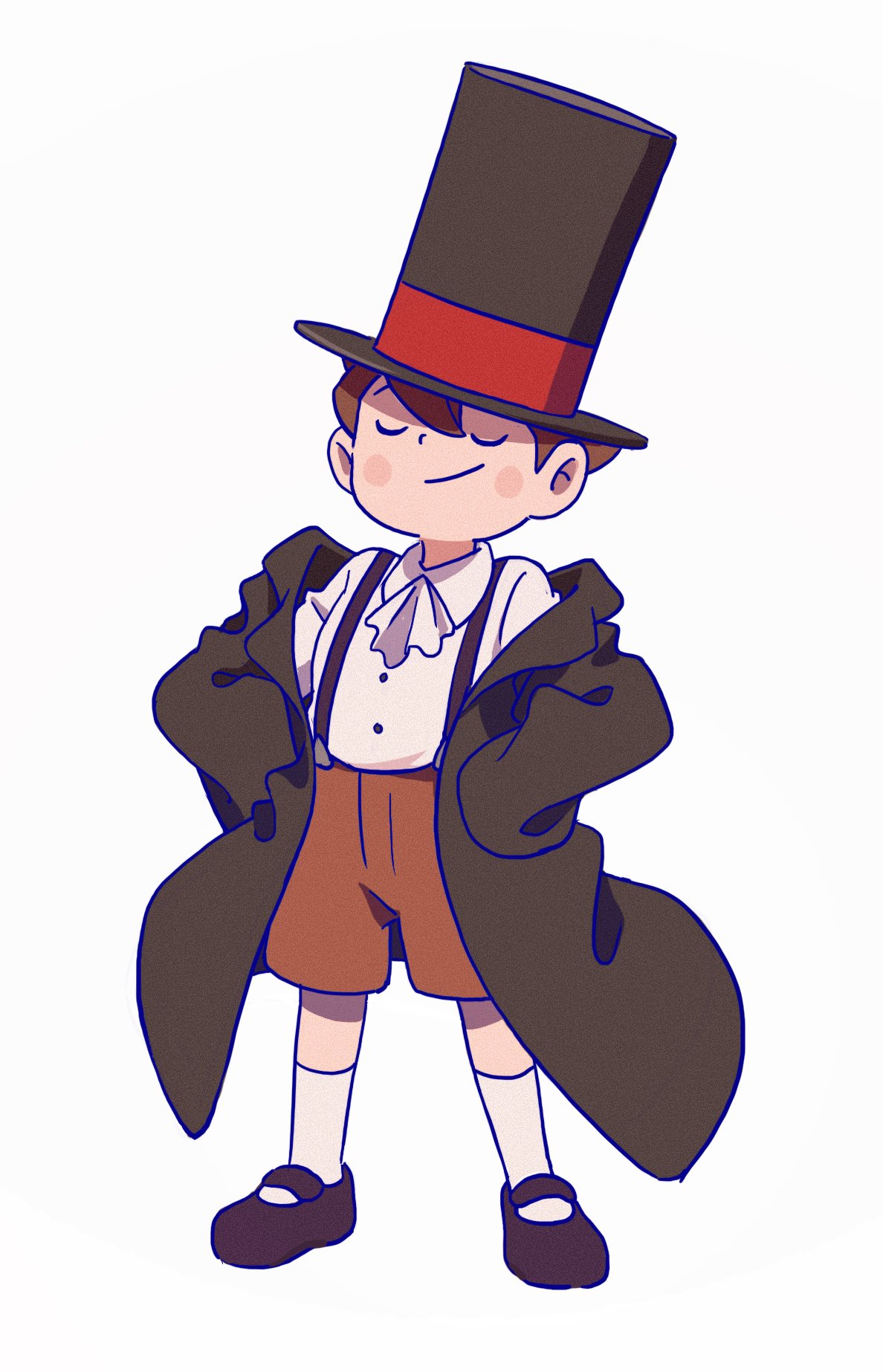 1boy, ascot, bleu_calire, blush, brown_footwear, brown_hair, brown_headwear, brown_jacket
