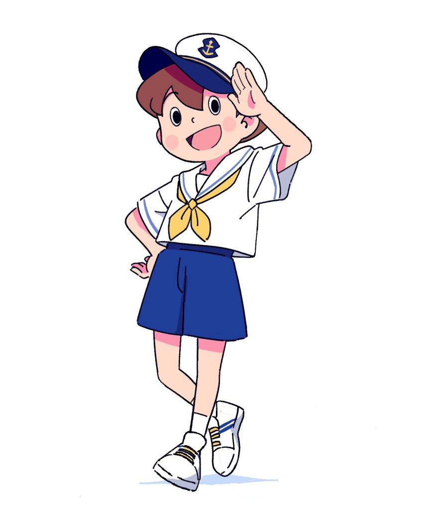 1boy, :d, alternate_costume, black_eyes, bleu_calire, blue_shorts, blush, brown_hair