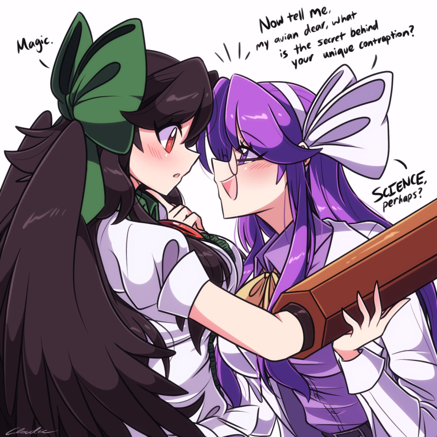 2girls, arm_cannon, asakura_rikako, bird_wings, blouse, blush, bow, bowtie