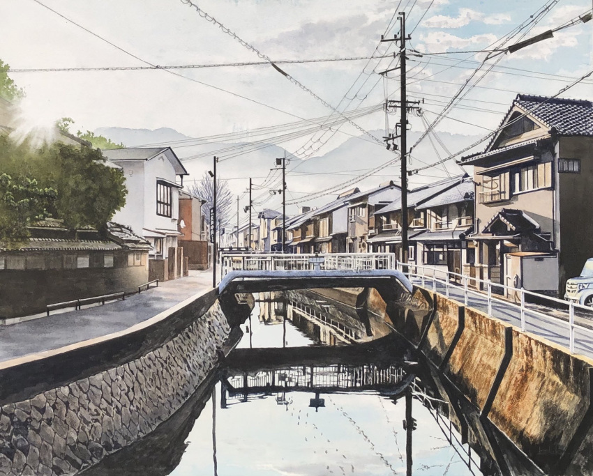 blue_sky, bridge, building, car, day, highres, house, motor_vehicle, no_humans, original, painting_(medium), power_lines, reflection, reflective_water, river, riverbank, road, scenery, sky, toirom_pmxh, town, traditional_media, tree, utility_pole, water
