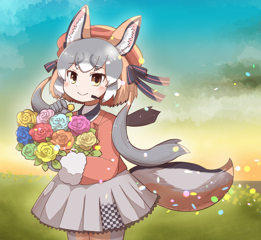 1girl, animal_ears, blazer, bouquet, extra_ears, fox_ears, fox_girl, fox_tail