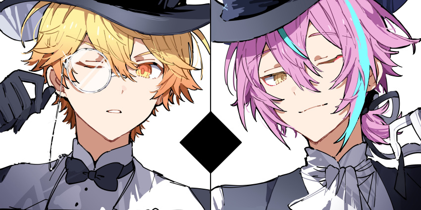 2boys, absurdres, ascot, black_bow, black_bowtie, black_headwear, black_ribbon, blonde_hair, bow, bowtie, hair_ribbon, hat, highres, hoshi-toge, kamishiro_rui, looking_at_viewer, low_ponytail, monocle, multicolored_hair, multiple_boys, one_eye_closed, parted_lips, project_sekai, ribbon, sekai_no_housekibako, streaked_hair, tenma_tsukasa, top_hat, traditional_bowtie, white_ascot, white_hair, yellow_eyes
