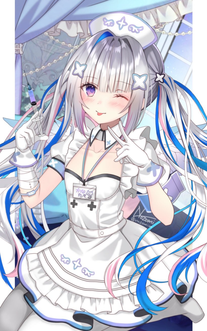 1girl, amane_kanata, amane_kanata_(nurse), angel_wings, blue_hair, breasts, closed_mouth, collar