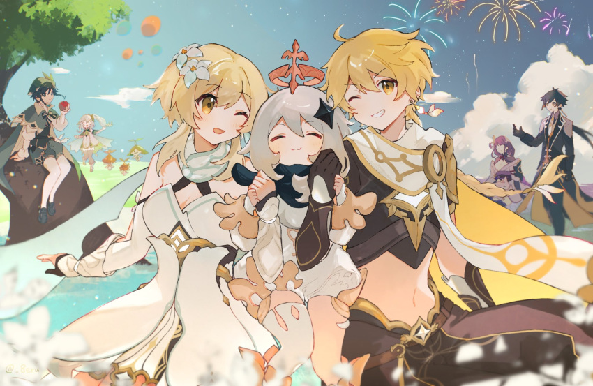 3boys, 4girls, :3, aether_(genshin_impact), ahoge, black_gloves, black_pants, breasts