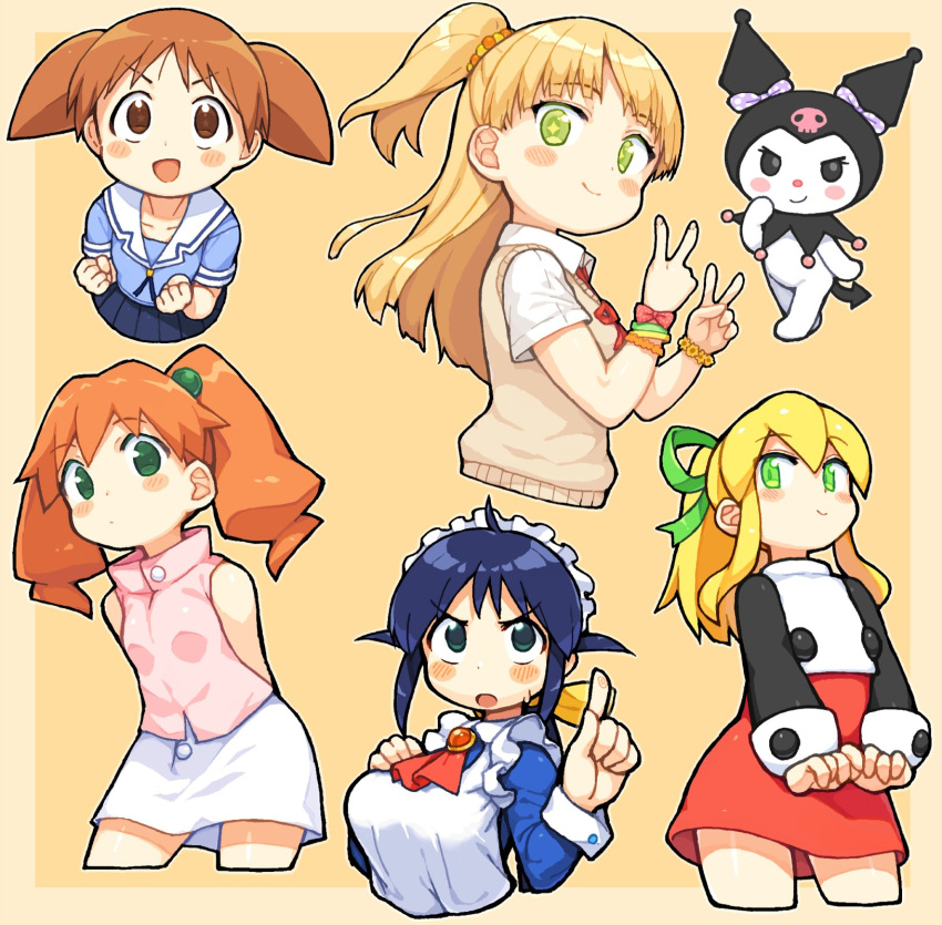 +_+, 6+girls, andou_mahoro, apron, azumanga_daioh, bachera, blonde_hair, blue_dress