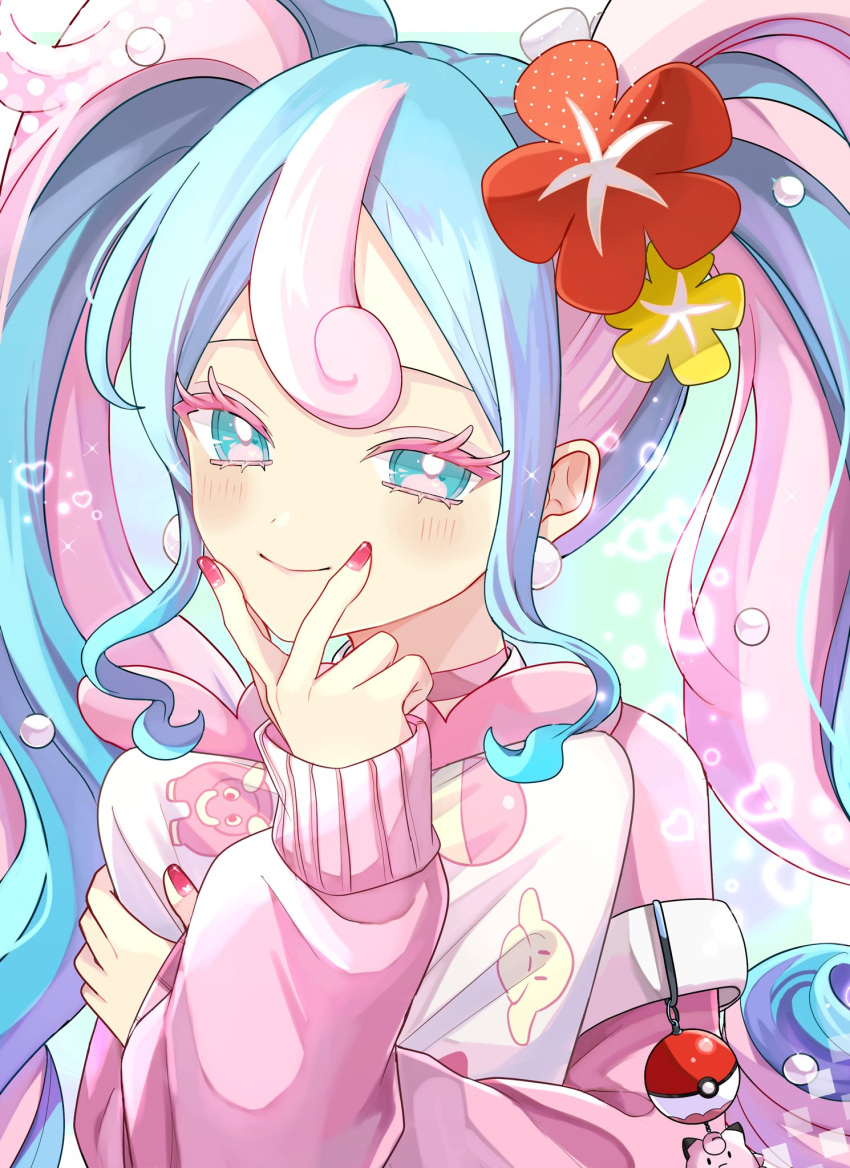1girl, bull_sprite_(pokemon), cardigan, colored_eyelashes, earrings, fairy_miku_(project_voltage), fish_sprite_(pokemon), flower