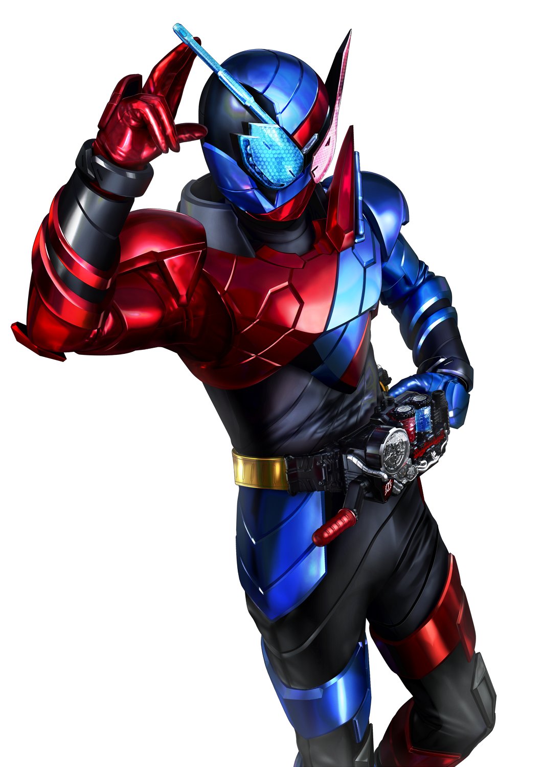 1boy, 2017, armor, black_bodysuit, blue_armor, blue_eyes, bodysuit, build_driver