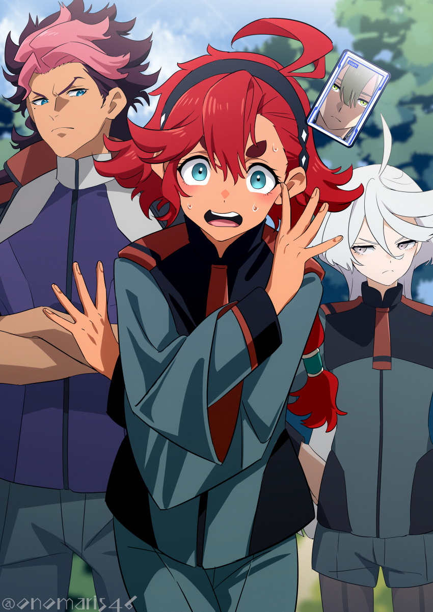 2boys, 2girls, absurdres, elan_ceres, guel_jeturk, gundam, gundam_suisei_no_majo, highres