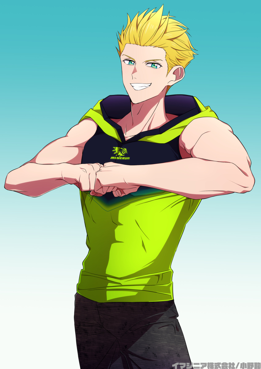 1boy, blonde_hair, evan_(fitness_boxing), fitness_boxing, green_eyes, green_jacket, highres, jacket