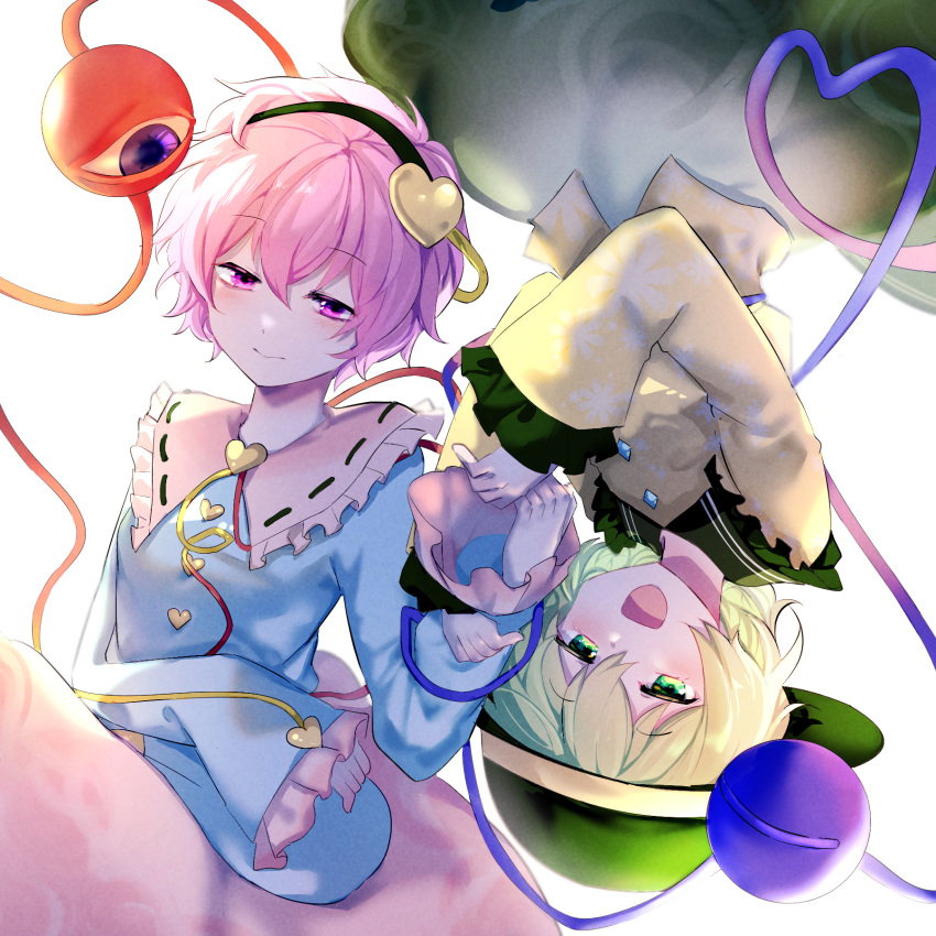 2girls, :d, black_hairband, blouse, blue_shirt, blush, buttons, closed_mouth