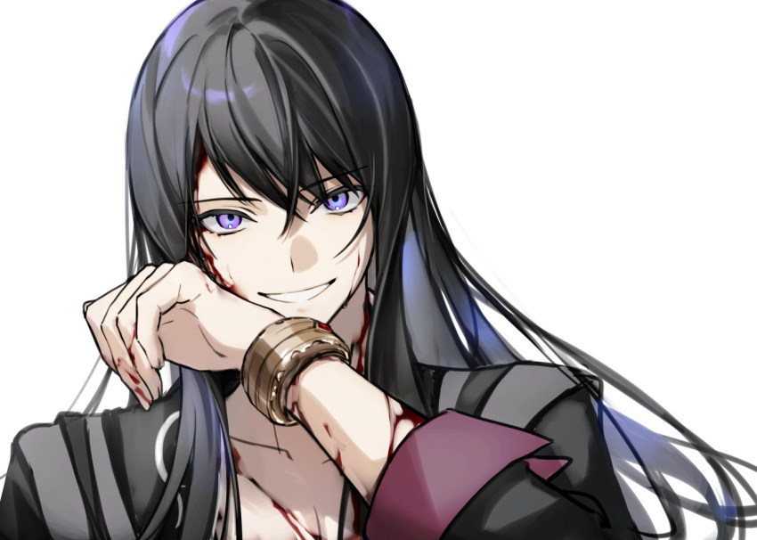 1boy, black_hair, black_shirt, blood, blood_on_face, bracelet, crossed_bangs, hair_between_eyes