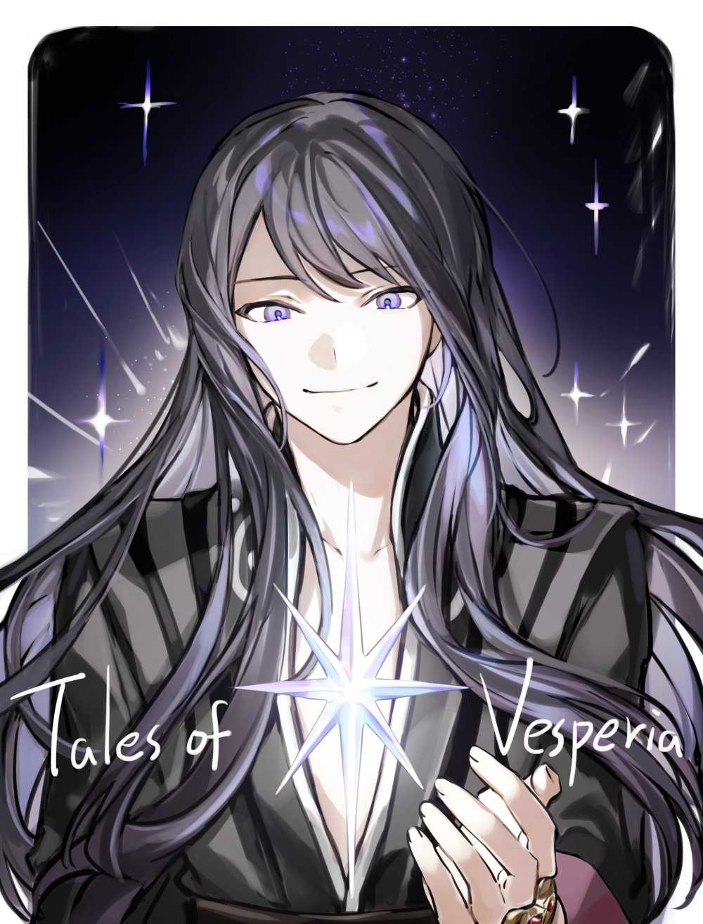 1boy, black_hair, black_shirt, commentary_request, dot_nose, english_text, highres, long_hair