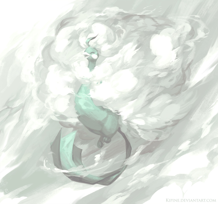 altaria, animal, animal_focus, beak, bird, blending, blue_feathers, closed_eyes, cloud_hair, clouds, english_commentary, feathers, fluffy, from_side, full_body, highres, kipine, mega_altaria, mega_pokemon, no_humans, open_mouth, pokemon, pokemon_(creature), solo, solo_focus