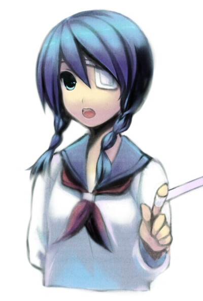 bandages, blue_hair, braid, eyepatch, kobushi_abiru, nanokak, open_mouth, sayonara_zetsubou_sensei, school_uniform, serafuku, simple_background, twin_braids