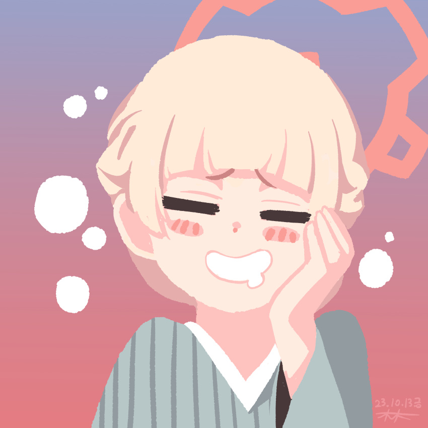 1girl, =_=, absurdres, blue_archive, blush_stickers, braid, dated, drooling, french_braid, grey_kimono, grin, halo, hand_on_own_cheek, hand_on_own_face, highres, japanese_clothes, johnlim, kimono, nodoka_(blue_archive), nodoka_(hot_spring)_(blue_archive), official_alternate_costume, official_alternate_hairstyle, smile, solo, straight-on, upper_body