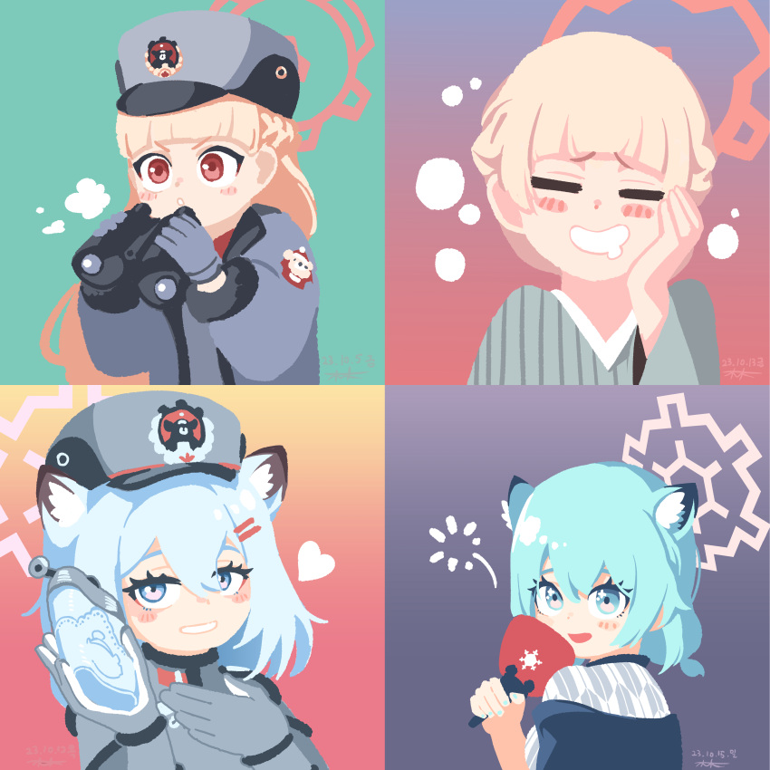 2girls, :o, =_=, absurdres, animal_ears, aqua_hair, aqua_nails, binoculars