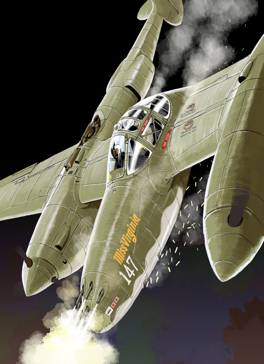 1boy, black_background, browning_m2, english_text, fighter_plane, firing, green_jacket, gun