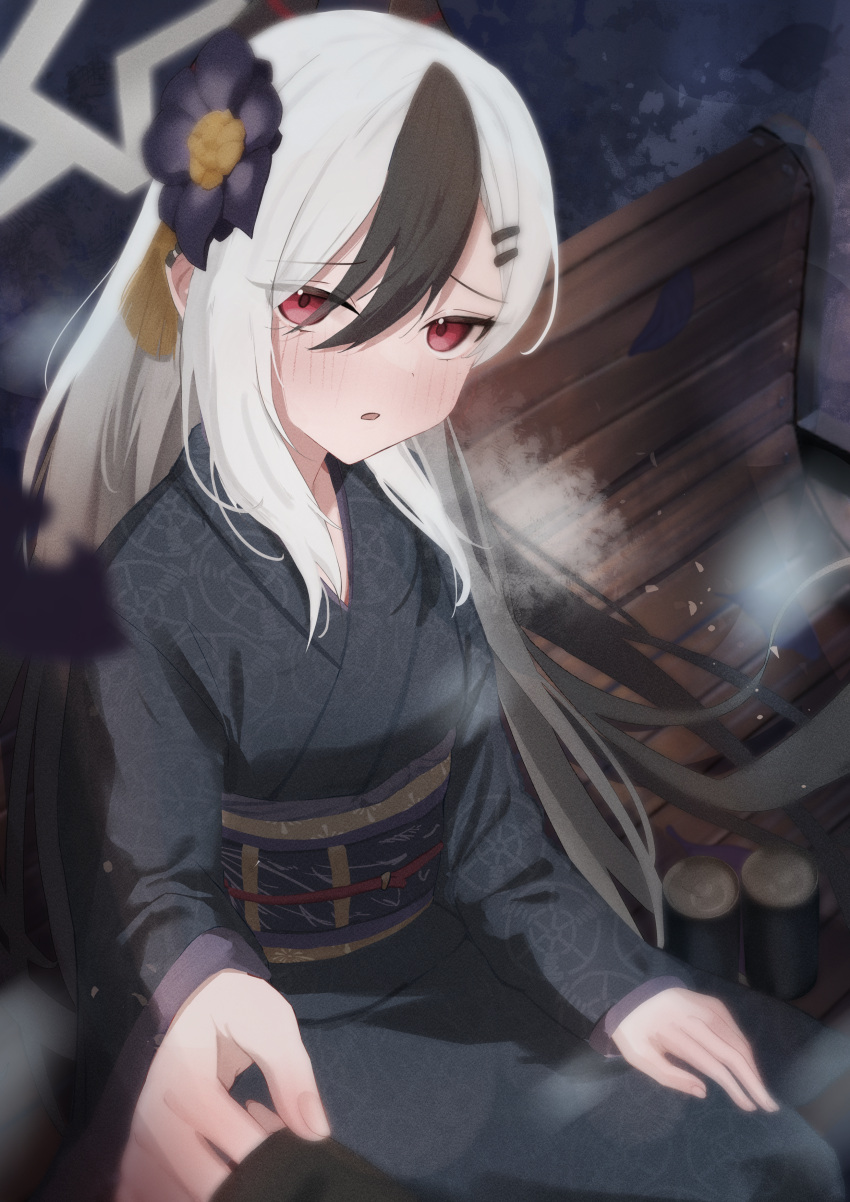 1girl, absurdres, black_flower, black_hair, blue_archive, blush, can, flower
