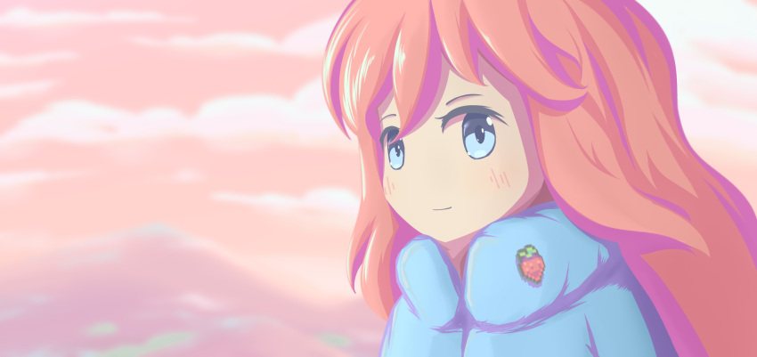 1girl, blue_eyes, blue_jacket, blush, celeste_(video_game), closed_mouth, clouds, coat, down_jacket, highres, jacket, light_smile, long_hair, looking_at_viewer, madeline_(celeste), mountain, mountainous_horizon, orange_hair, outdoors, pink_background, pink_sky, portrait, sky, smile, solo, strawberry_brooch, tiyalinaria, winter_clothes, winter_coat