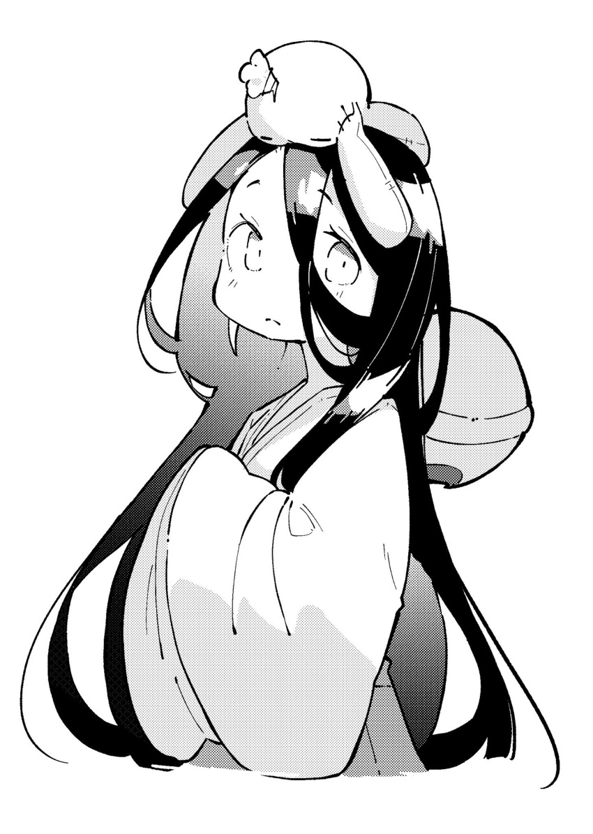 1girl, bell, chuugoku_usagi, closed_mouth, cropped_legs, expressionless, greyscale, hair_bell