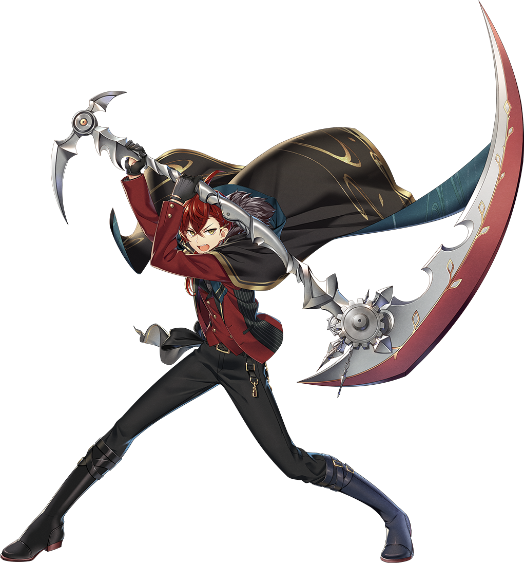 1boy, ahoge, belt, black_belt, black_cape, black_footwear, black_gloves, black_pants, boots, braid, braided_bangs, bungou_to_alchemist, buttons, cape, crossed_bangs, cutout_gloves, dazai_osamu_(bungou_to_alchemist), double-breasted, egasumi, fang, fighting_stance, floating_cape, full_body, fur-trimmed_cape, fur_trim, gears, gloves, gold_trim, grey_shirt, hair_behind_ear, hair_between_eyes, hair_ornament, hair_over_shoulder, hairclip, holding, holding_scythe, holding_weapon, jacket, knee_boots, legs_apart, long_hair, long_sleeves, male_focus, official_art, open_clothes, open_jacket, open_mouth, pants, pinstripe_pattern, pinstripe_shirt, red_jacket, red_vest, redhead, scythe, shirt, sideways_glance, solo, standing, striped, third-party_source, transparent_background, two-sided_cape, two-sided_fabric, v-shaped_eyebrows, vest, weapon, yellow_eyes