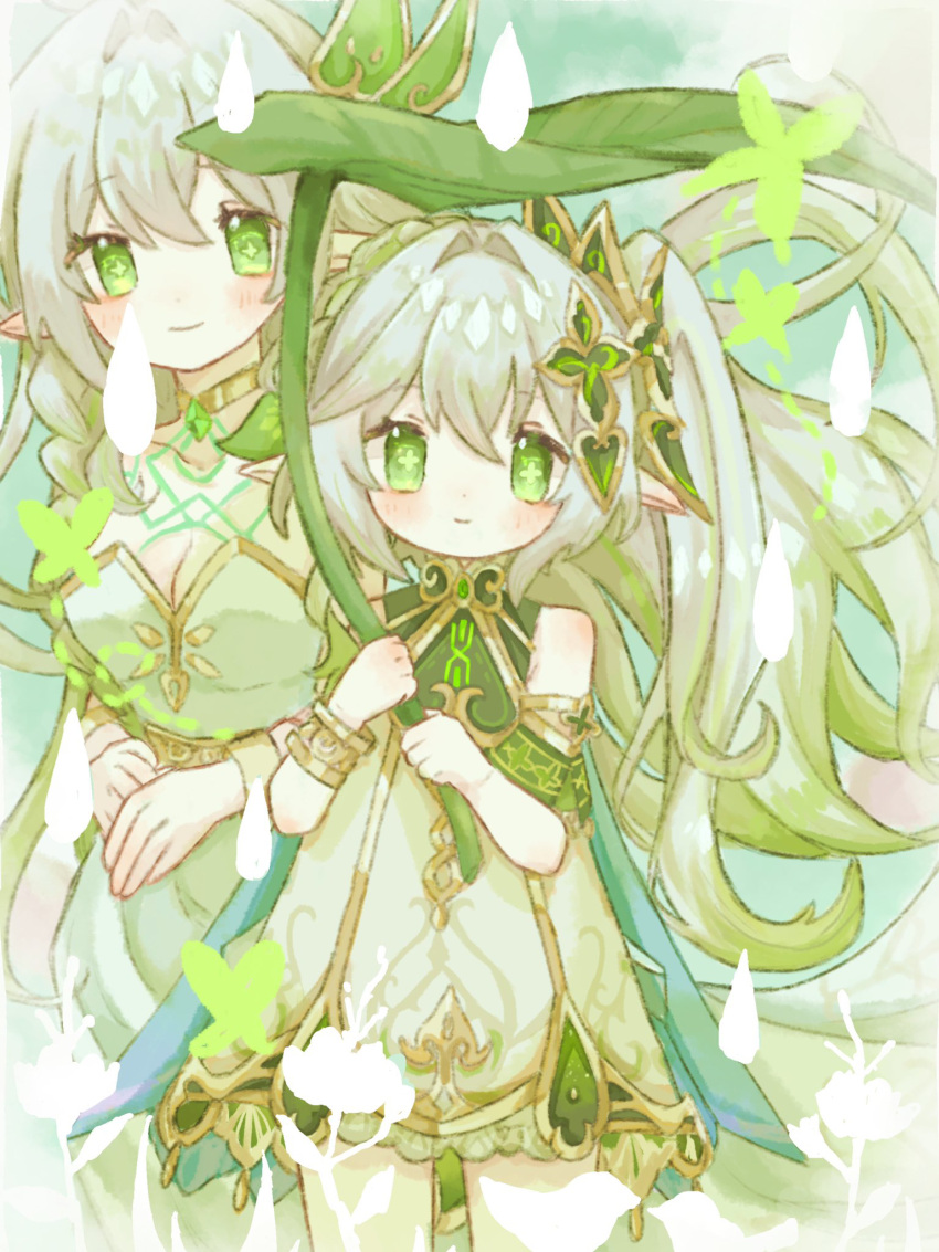 2girls, bare_shoulders, breasts, crystalfly_(genshin_impact), dress, genshin_impact, green_dress, green_eyes