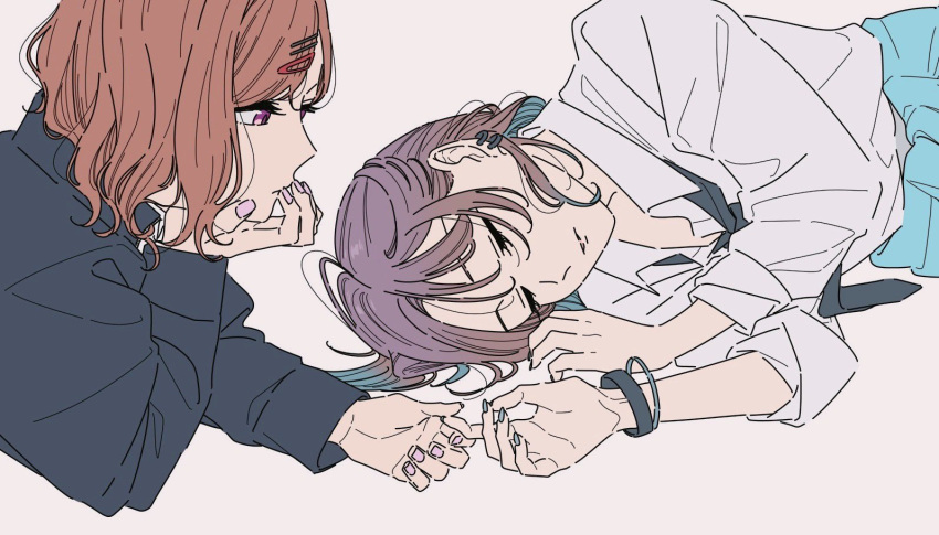 2girls, asakura_toru, black_necktie, black_sweater, blue_cardigan, blue_hair, blue_nails, bracelet