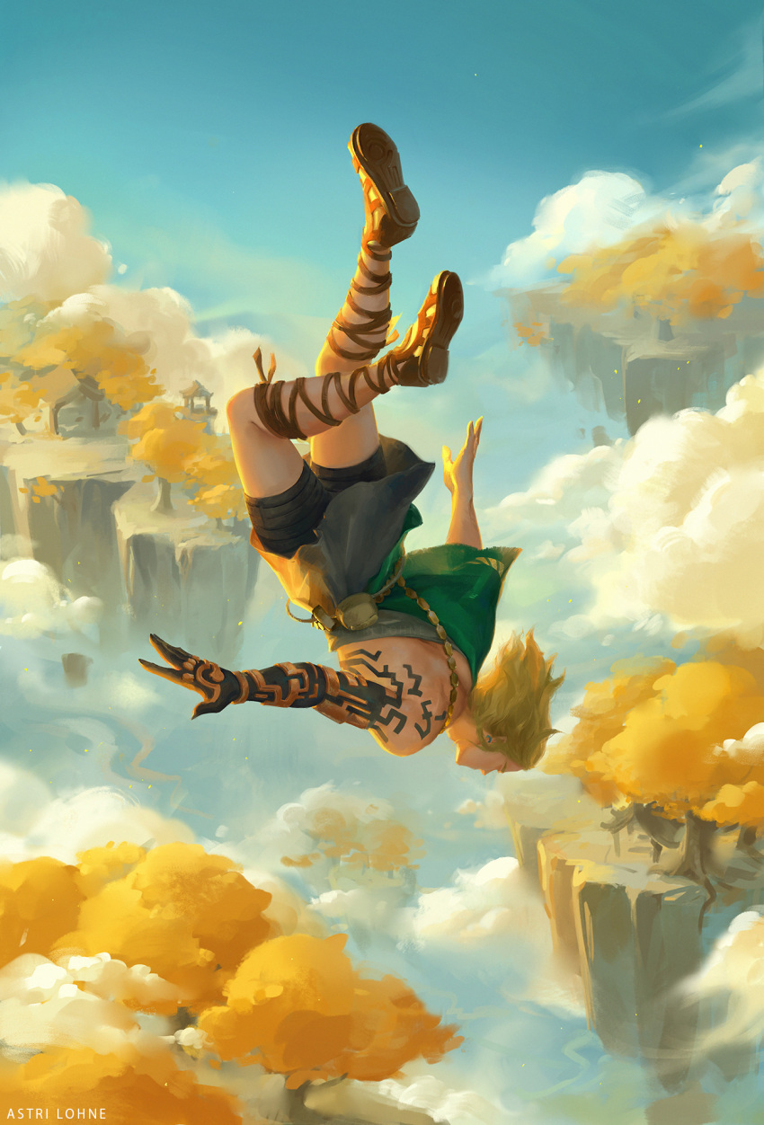 1boy, archaic_set_(zelda), arm_tattoo, artist_name, astri_lohne_sjursen, blonde_hair, clouds, commentary