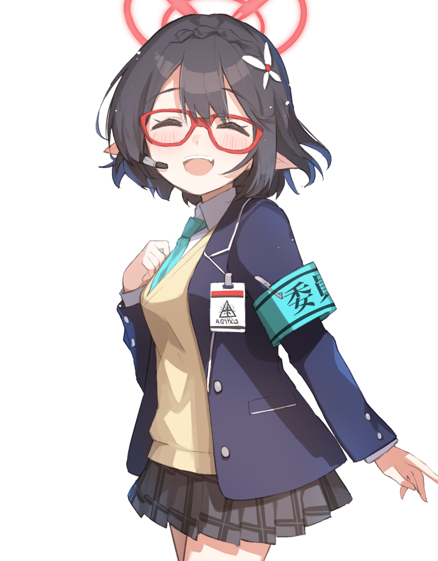 1girl, ^_^, aqua_armband, aqua_necktie, ayane_(blue_archive), black_gloves, black_hair, blue_archive
