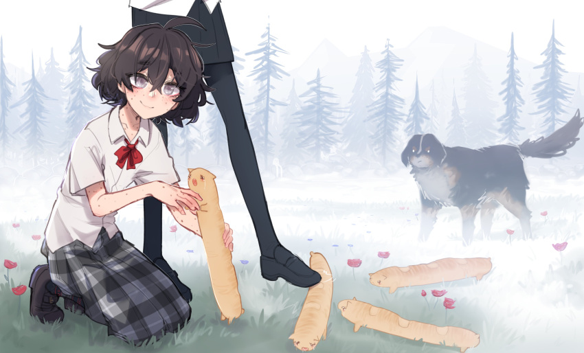 2girls, absurdres, animal, blind_girl's_dog_(popopoka), blind_girl_(popopoka), cat_baguette_(popopoka), commentary, english_commentary